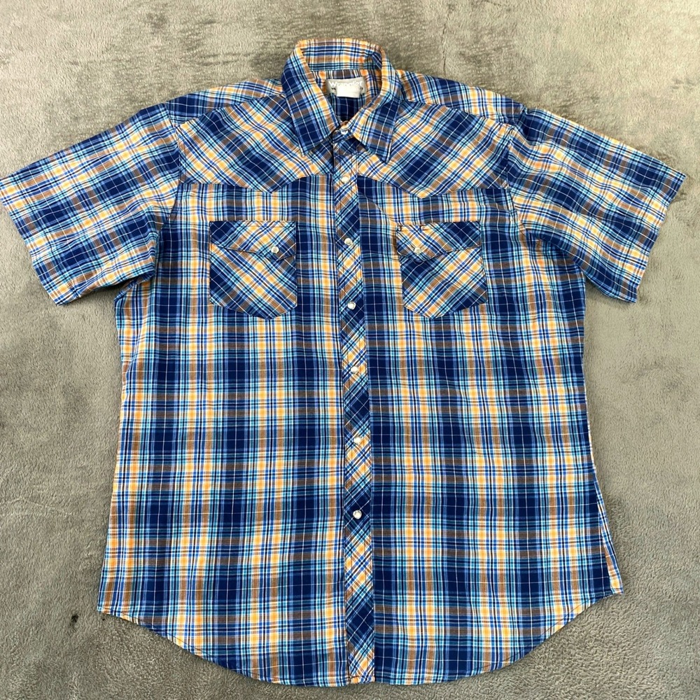 Vintage Wrangler Wrancher Shirt Button Up L Pearl Snap Blue Plaid Short Western